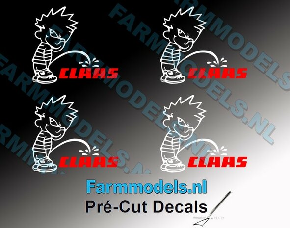 4x PISS ON Calvin 20mm hoog V1 WIT + CLAAS (tekst) ROOD stickers op Transparant Pr&eacute;-Cut Decals 1:32 Farmmodels.nl 