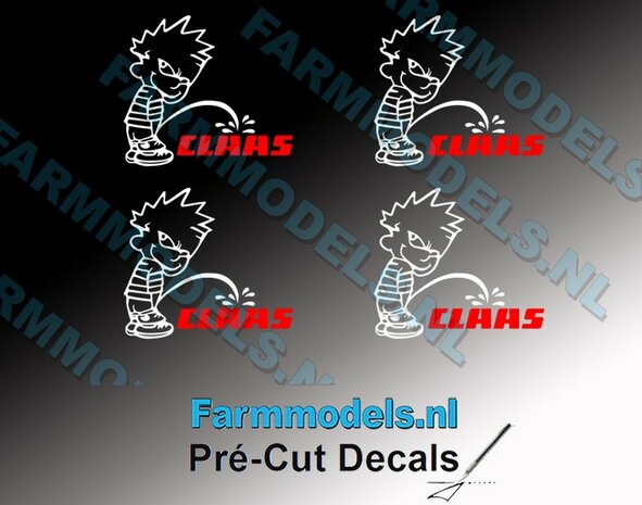 4x PISS ON Calvin 15mm hoog V1 WIT + CLAAS (tekst) ROOD stickers op Transparant Pr&eacute;-Cut Decals 1:32 Farmmodels.nl 
