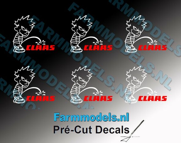 6x PISS ON Calvin 10mm hoog V1 WIT + CLAAS (tekst) ROOD stickers op Transparant Pr&eacute;-Cut Decals 1:32 Farmmodels.nl 