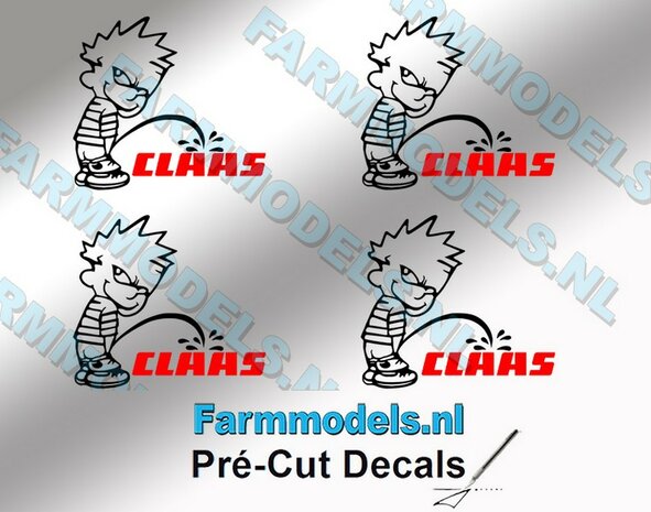 4x PISS ON Calvin 20mm hoog V1 ZWART + CLAAS (tekst) ROOD stickers op Transparant Pr&eacute;-Cut Decals 1:32 Farmmodels.nl 