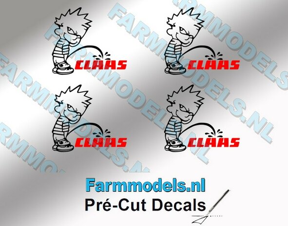 4x PISS ON Calvin 15mm hoog V1 ZWART + CLAAS (tekst) ROOD stickers op Transparant Pr&eacute;-Cut Decals 1:32 Farmmodels.nl 