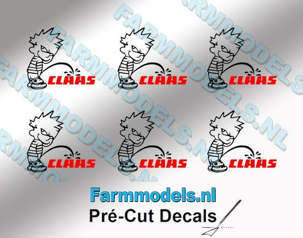 6x PISS ON Calvin 10mm hoog V1 ZWART + CLAAS (tekst) ROOD stickers op Transparant Pr&eacute;-Cut Decals 1:32 Farmmodels.nl 