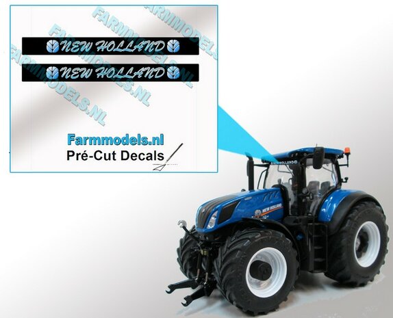 2x NEW HOLLAND SIERLETTER voorruit stickers BLAUW/ WIT op ZWARTE achtergrond 40 mm breed Pr&eacute;-Cut Decals 1:32 Farmmodels.nl 