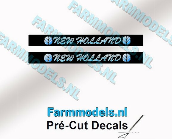 2x NEW HOLLAND SIERLETTER voorruit stickers BLAUW/ WIT op ZWARTE achtergrond 40 mm breed Pr&eacute;-Cut Decals 1:32 Farmmodels.nl 