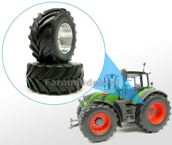 Aluminium Achteras velgen + bredere banden, geschikt voor de UH Fendt 724 (Massieve Aluminium velgen) 1:32  