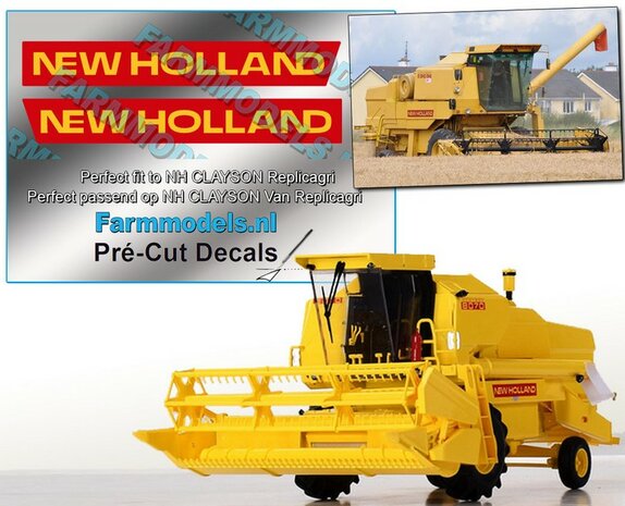 2x NEW HOLLAND stickers op rode stickerfolie t.b.v. NEW HOLLAND CLAYSON voor Replicagri model Pr&eacute;-Cut Decals 1:32 Farmmodels.nl 