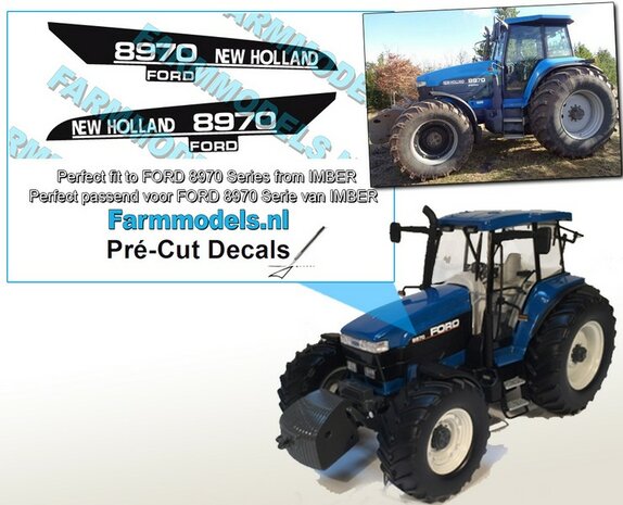 NEW HOLLAND 8970 FORD type logo stickers voor IMBER FORD 8970 model Pr&eacute;-Cut Decals 1:32 Farmmodels.nl 