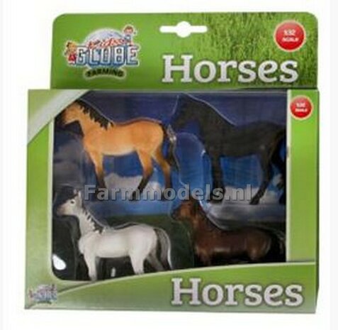 Paarden 4 stuks, set bestaat uit 1x zwart, 1x bruin, 1x blond en 1x wit paard 1:32 Kids Globe  570199