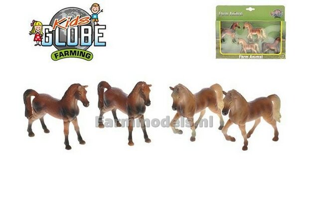 Paarden 4 stuks, set bestaat uit 2x blonde en 2 bruine paarden 1:32 Kids Globe 570013