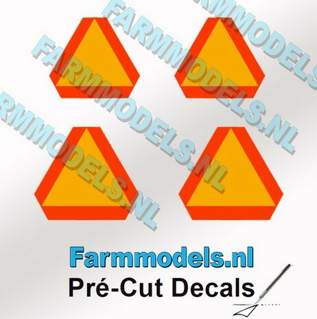 Set van 4 Gevarendriehoek stickers 2x 12mm + 2x 14mm hoog GEEL/ ORANJE met ORANJE/ RODE randen Pr&eacute;-Cut Decals 1:32 Farmmodels.nl
