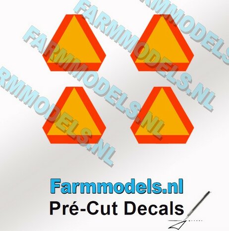 4x Gevarendriehoek 12mm hoog stickers GEEL/ ORANJE met ORANJE/ RODE randen Pr&eacute;-Cut Decals 1:32 Farmmodels.nl