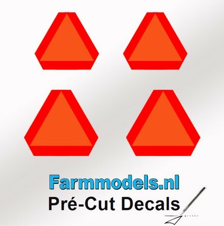 Set van 4 Gevarendriehoek stickers 2x 12mm + 2x 14mm hoog ORANJE met RODE randen Pr&eacute;-Cut Decals 1:32 Farmmodels.nl