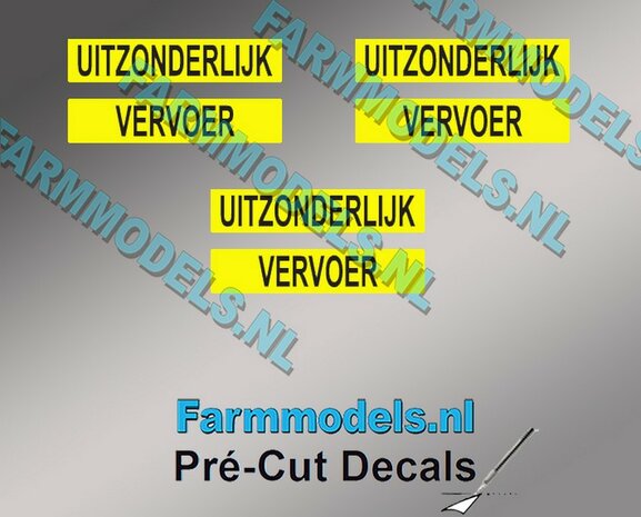 3x UITZONDERLIJK + 3x VERVOER stickers, totaal 6 stickers, hoogte 4 mm  Pr&eacute;-Cut Decals 1:32 Farmmodels.nl