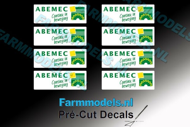 8x ABEMEC Dealer logo 5 mm hoog op witte stickerfolie Pr&eacute;-Cut Decals 1:32 Farmmodels.nl 
