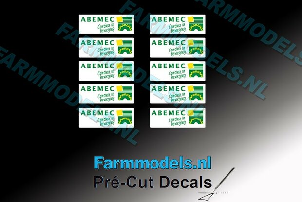 10x ABEMEC Dealer logo 2.3 mm hoog op witte stickerfolie Pr&eacute;-Cut Decals 1:32 Farmmodels.nl 