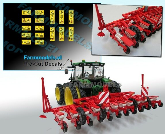 16x Gevaren Stickerset (o.a. voor Kverneland bietenzaai bouwkit) Pr&eacute;-Cut Decals 1:32 Farmmodels.nl