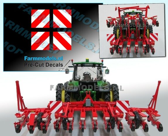 4x Breedte/ Verdrijvingsbord stickers ROOD/ WIT ong. 14 x 14 mm  (o.a. voor Kverneland bietenzaai bouwkit) Pr&eacute;-Cut Decals 1:32 Farmmodels.nl