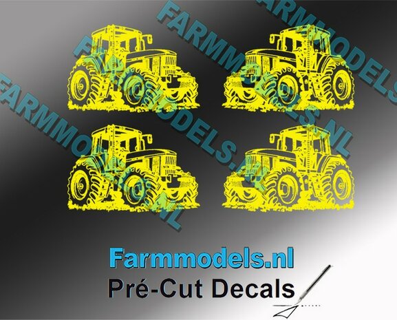 4x Afbeelding John Deere 7810 GEEL op transparant 12 mm hoog per afbeelding Pr&eacute;-Cut Decals 1:32  Farmmodels.nl 