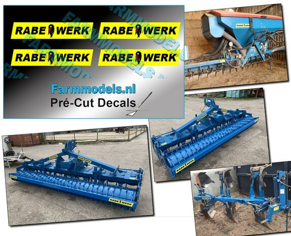 4x RABE WERK &amp; Vogel oud op GELE stickerfolie 6 mm hoog per afbeelding Pr&eacute;-Cut Decals 1:32 Farmmodels.nl