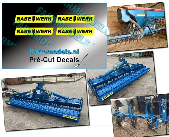 4x RABE WERK &amp; Vogel oud op GELE stickerfolie 4 mm hoog per afbeelding Pr&eacute;-Cut Decals 1:32 Farmmodels.nl