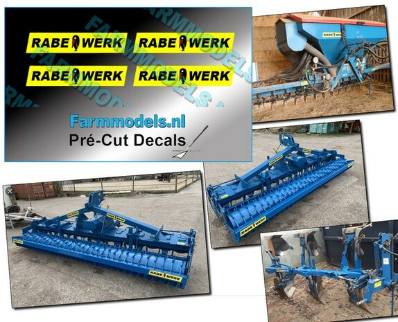 4x RABE WERK &amp; Vogel oud op GELE stickerfolie 5 mm hoog per afbeelding Pr&eacute;-Cut Decals 1:32 Farmmodels.nl