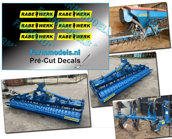 6x RABE WERK &amp; Vogel oud op GELE stickerfolie 3.5 mm hoog per afbeelding Pr&eacute;-Cut Decals 1:32 Farmmodels.nl