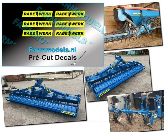 6x RABE WERK &amp; Vogel oud op GELE stickerfolie 3 mm hoog per afbeelding Pr&eacute;-Cut Decals 1:32 Farmmodels.nl