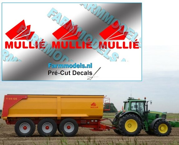 3x MULLI&Eacute; (nieuwe logo) op transparante stickerfolie 18 mm x 25 mm per afbeelding Pr&eacute;-Cut Decals 1:32 Farmmodels.nl