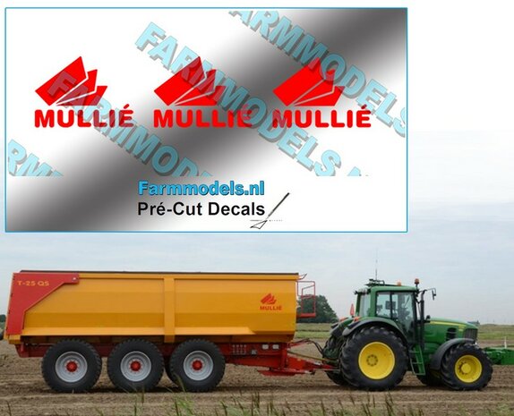 3x MULLI&Eacute; (nieuwe logo) op transparante stickerfolie 15 mm hoog per afbeelding Pr&eacute;-Cut Decals 1:32 Farmmodels.nl