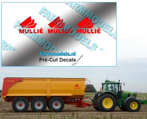 3x MULLI&Eacute; (nieuwe logo) op transparante stickerfolie 12 mm hoog per afbeelding Pr&eacute;-Cut Decals 1:32 Farmmodels.nl