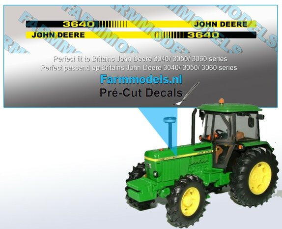 John Deere 3640 type stickers/ Pr&eacute;-Cut Decals voor Britains JD 3140 motorkap 1:32 Farmmodels.nl 