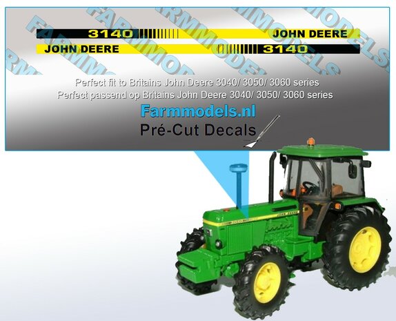 John Deere 3140 type stickers/ Pr&eacute;-Cut Decals voor Britains JD 3140 motorkap 1:32 Farmmodels.nl 