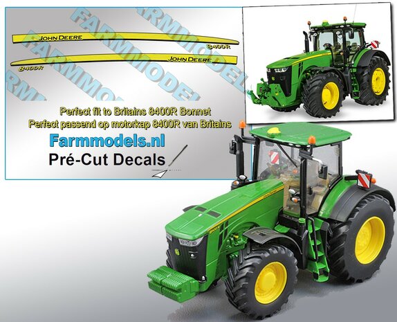 John Deere 8400R type stickers, geschikt voor de Britains John Deere 8400R  Pr&eacute;-Cut Decals 1:32 Farmmodels.nl 