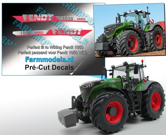 FENDT 1038 VARIO Gen. VI type + Vario logo stickers voor Wiking 1050 model Pr&eacute;-Cut Decals Type logo Pr&eacute;-Cut Decals gemaakt op zilverfolie!! 1:32 Farmmodels.nl 