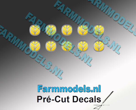 10x NEW HOLLAND EMBLEEM geel 5x5 mm  Pr&eacute;-Cut Decals 1:32 Farmmodels.nl 