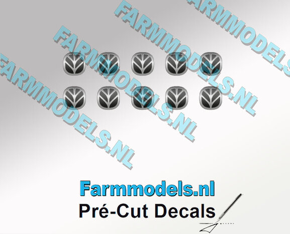 10x NEW HOLLAND EMBLEEM ZWART/ Zilvergrijs 5x5 mm  Pr&eacute;-Cut Decals 1:32 Farmmodels.nl 