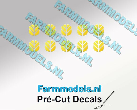 10x NEW HOLLAND LOGO GEEL 5x5 mm  Pr&eacute;-Cut Decals 1:32 Farmmodels.nl 