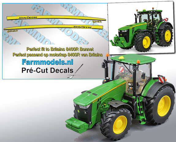 John Deere 8245R type stickers, geschikt voor de Britains John Deere 8400R  Pr&eacute;-Cut Decals 1:32 Farmmodels.nl 