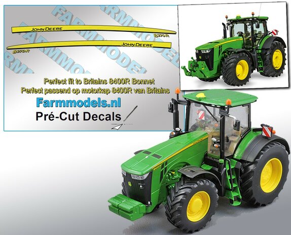 John Deere 8270R type stickers, geschikt voor de Britains John Deere 8400R  Pr&eacute;-Cut Decals 1:32 Farmmodels.nl 