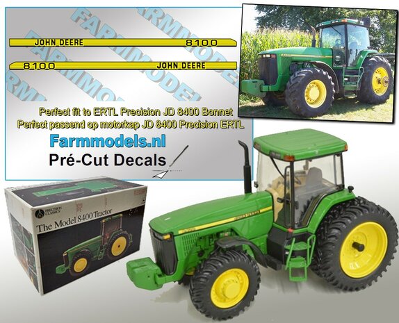 John Deere 8300 type (Dichte letters 1995-1996) stickers geschikt voor ERTL Precision JD 8400 Pr&eacute;-Cut Decals 1:32 Farmmodels.nl 