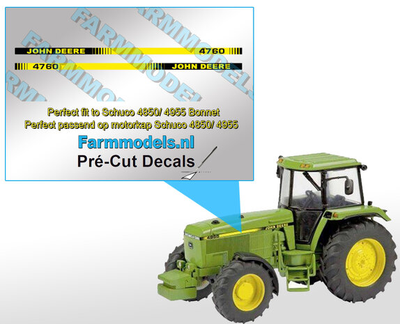 John Deere 4760 type stickers/ Pr&eacute;-Cut Decals voor Schuco JD 4850/ 4955 motorkap 1:32 Farmmodels.nl 