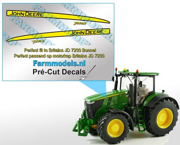 John Deere 7260R type stickers/ Pr&eacute;-Cut Decals voor Britains 7230R motorkap 1:32 Farmmodels.nl 