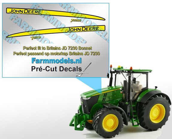 John Deere 7215R type stickers/ Pr&eacute;-Cut Decals voor Britains 7230R motorkap 1:32 Farmmodels.nl 