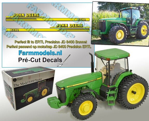 John Deere 8210 type stickers geschikt voor ERTL Precision JD 8400 Pr&eacute;-Cut Decals 1:32 Farmmodels.nl 