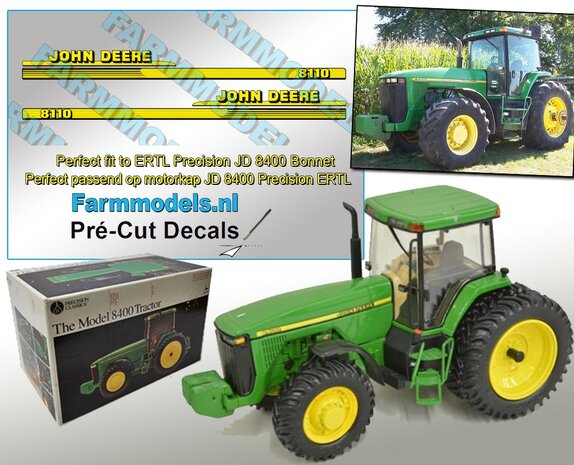 John Deere 8110 type stickers geschikt voor ERTL Precision JD 8400 Pr&eacute;-Cut Decals 1:32 Farmmodels.nl 