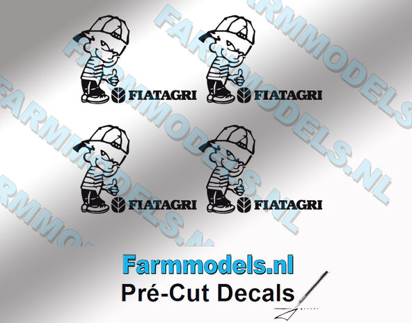 4x Ok&eacute; Calvin 15mm hoog V1 ZWART + tekst FIATAGRI ZWART stickers op Transparant Pr&eacute;-Cut Decals 1:32 Farmmodels.nl 