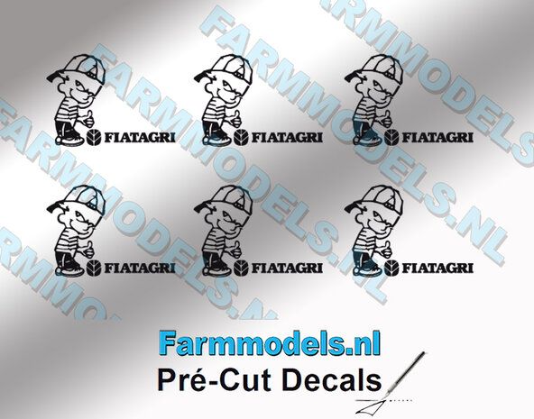 6x Ok&eacute; Calvin 10mm hoog V1 ZWART + tekst FIATAGRI ZWART stickers op Transparant Pr&eacute;-Cut Decals 1:32 Farmmodels.nl 