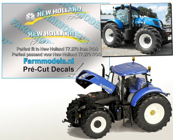 New Holland T7.170 Bleu Logo type stickers voor de motorkap van NH T7.270 Blue van ROS  Pr&eacute;-Cut Decals 1:32 Farmmodels.nl 