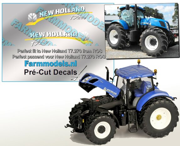 New Holland T7.260 Bleu Logo type stickers voor de motorkap van NH T7.270 Blue van ROS  Pr&eacute;-Cut Decals 1:32 Farmmodels.nl 