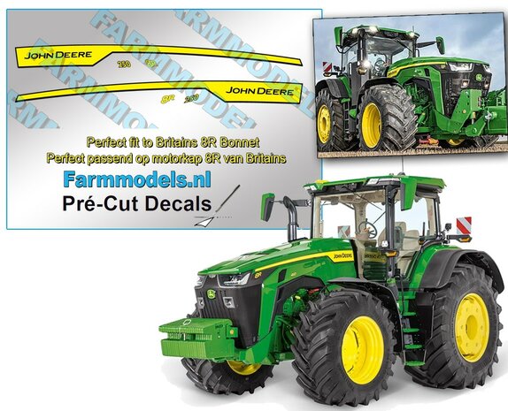 John Deere 8R 250 type stickers geschikt voor de Britains JD 8R(X)  Pr&eacute;-Cut Decals 1:32 Farmmodels.nl 